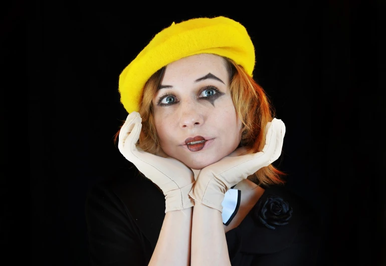 a woman wearing a yellow hat and gloves, a portrait, inspired by Grete Stern, flickr, mime, ' ramona flowers ', photo mid shot, cutecore clowncore