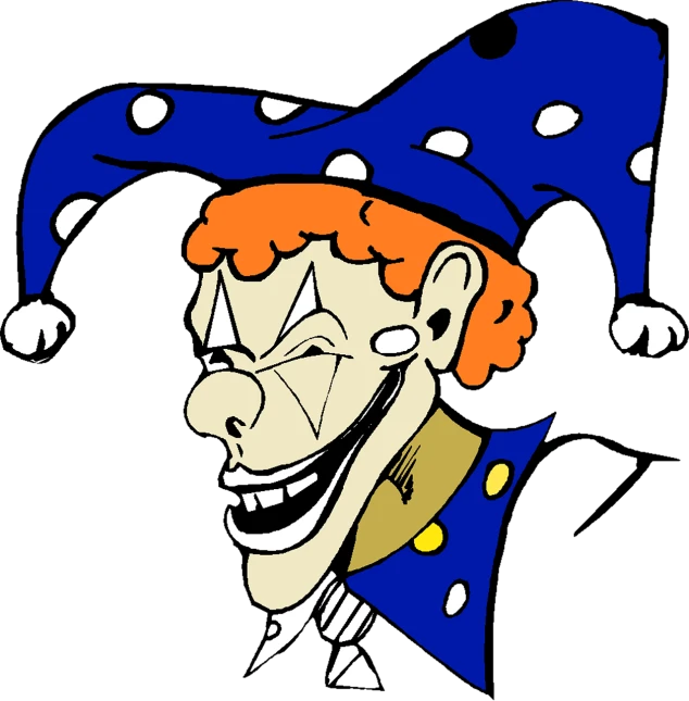 a clown with a big smile on his face, a cartoon, by Harry Beckhoff, blue wizard hat, highley detailled face, shadow, 3 0 0