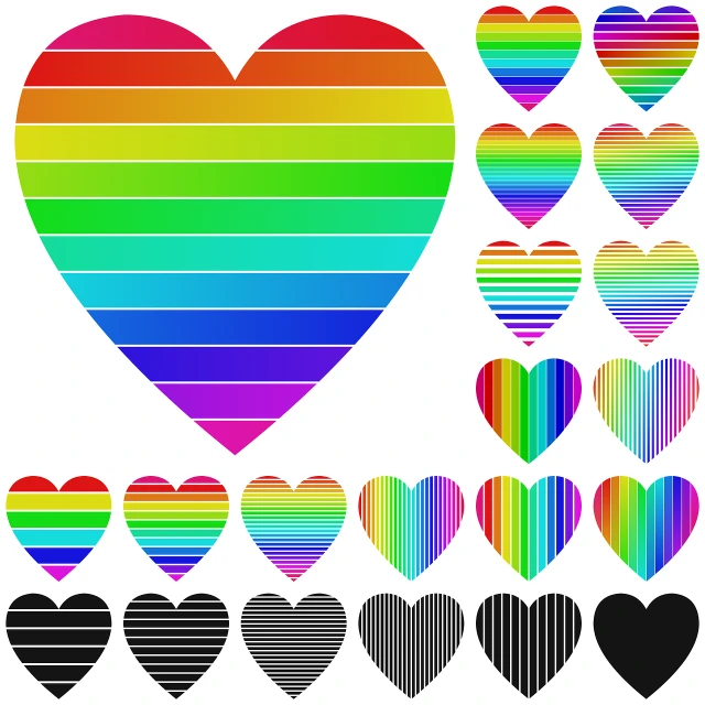 a set of rainbow colored hearts on a white background, vector art, inspired by Okuda Gensō, computer art, black stripes, black and white color aesthetic, risograph gradient, dark grey rainbow color palette