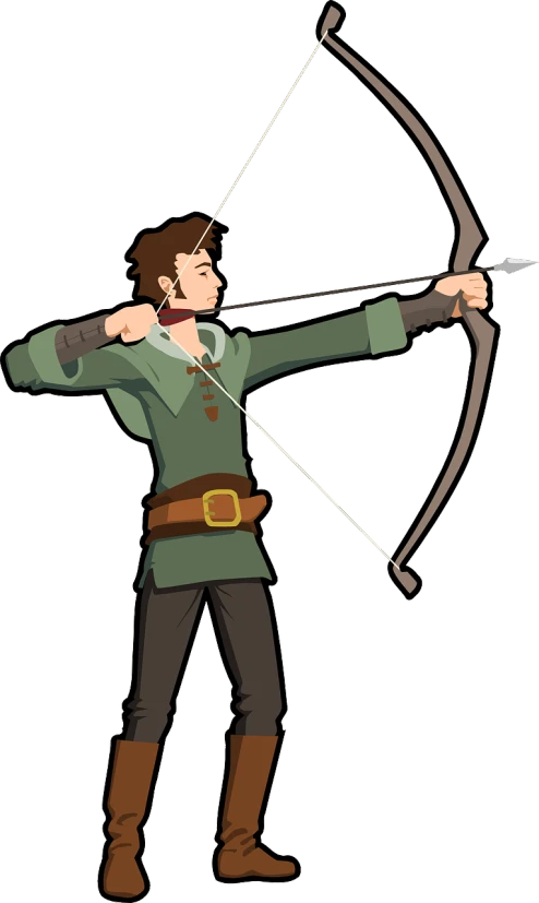 an image of a man with a bow and arrow, concept art, renaissance, wikihow illustration, cartoon style illustration, robin hood, shoulder level shot