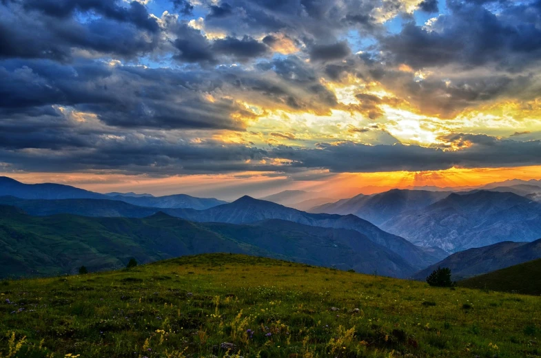 the sun shines through the clouds over the mountains, a picture, by Alexander Runciman, summer sunset, landscapes: the joy of life, hdr colors, georgic