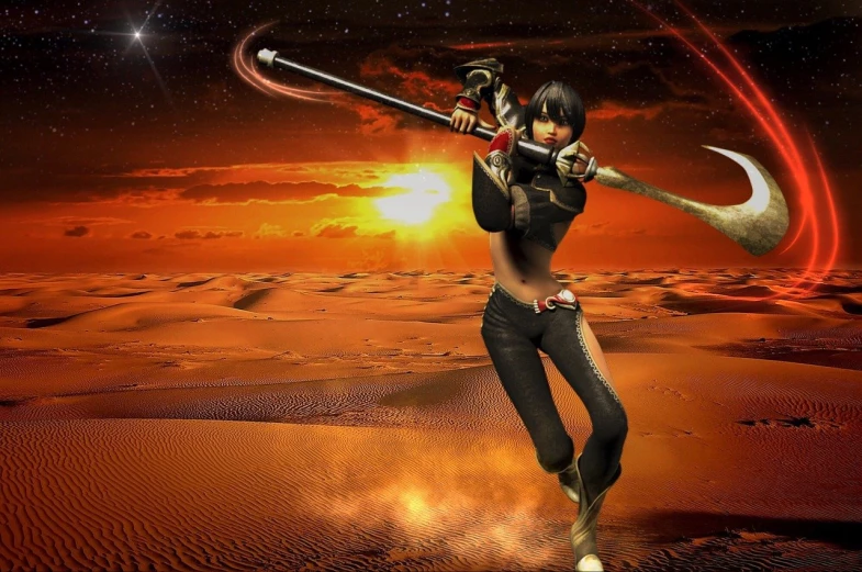 a woman holding a baseball bat in the desert, inspired by Li Shida, fantasy art, fractal cyborg ninja background, jet black haired cyberpunk girl, action poses with weapons, “ femme on a galactic shore