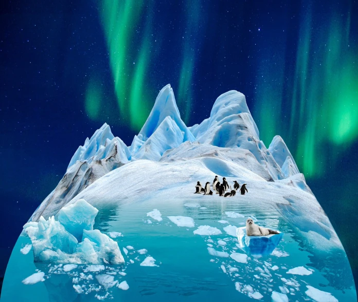 a group of penguins sitting on top of an iceberg, a matte painting, inspired by Scarlett Hooft Graafland, conceptual art, northern lights, 2 0 2 2 photo, photoreal”, natalie shau