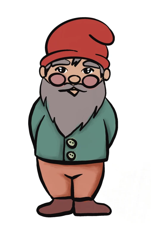 a cartoon gnome with glasses and a red hat, a character portrait, inspired by Lucas van Leyden, trending on pixabay, with hands in pockets, gimli, some grey hair in beard, colored in