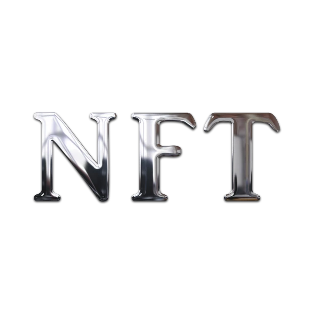 a close up of the letters nft on a black background, concept art, chrome plated, no gradients, no background and shadows, nut