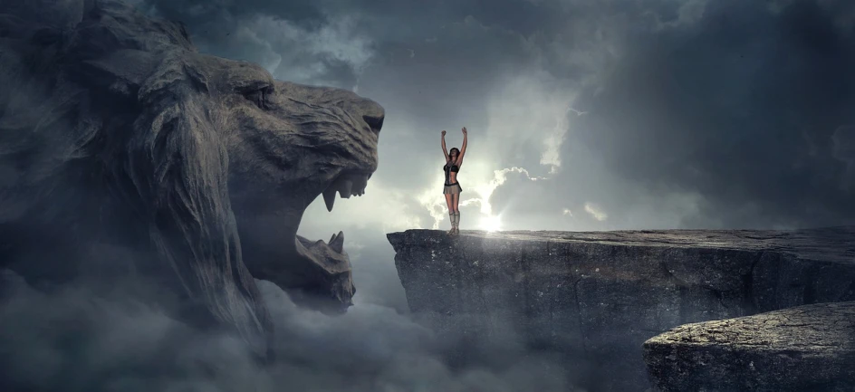 a woman standing on top of a cliff next to a lion, fantasy art, with arms up, photography, mouth open in a terrifying roar, depicted as a 3 d render