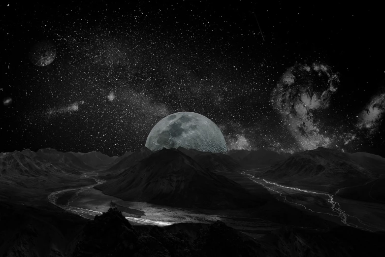 a black and white photo of a full moon, a matte painting, tumblr, space art, stars and milky way and moon, alien mountains, moon glow, dark and stars in the background