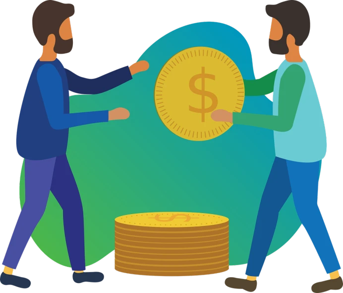 two men shaking hands over a stack of coins, a digital rendering, by Winona Nelson, created in adobe illustrator, avatar for website, per un pugno di dollari, student