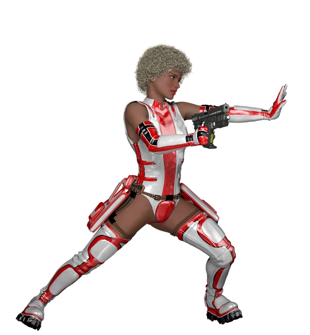 a woman in a red and white suit holding a gun, a 3D render, inspired by Rob Liefeld, afrofuturism, cyborg - girl with silver hair, mma southpaw stance, pretty samurai with afro, female stormtrooper