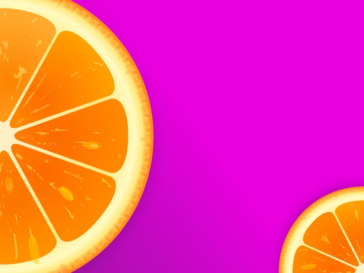 an orange cut in half on a purple background, an illustration of, wallpaper for monitor, vivid), background bar, vivid colors!!