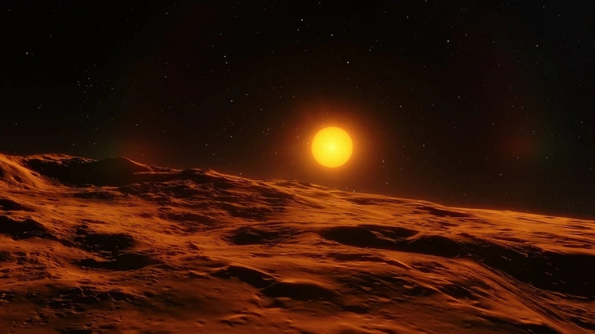 a close up of a planet with a star in the background, a digital rendering, orange subsurface scattering, rendered in 32k huhd, on exoplanet, mars vacation photo