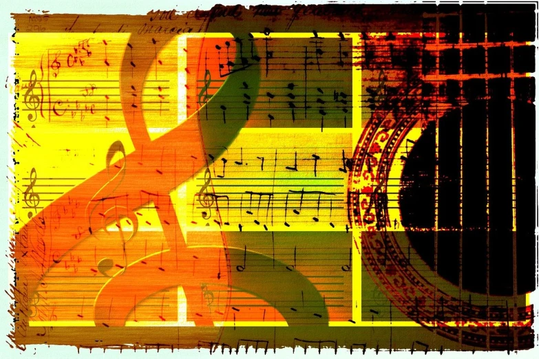 a pair of scissors sitting on top of a sheet of music, a digital rendering, flickr, lyrical abstraction, warm color scheme art rendition, currency symbols printed, reggae, complex layered composition!!