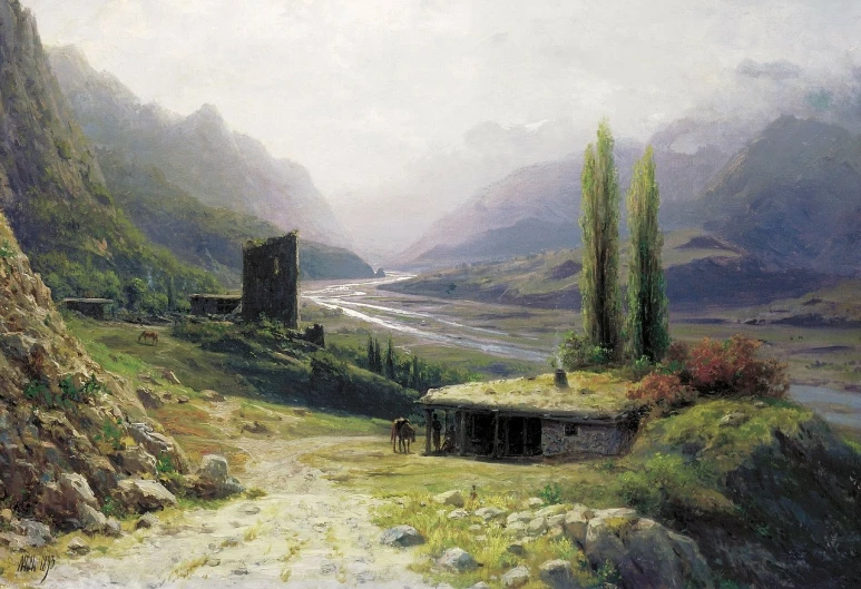 a painting of a mountain scene with a house in the foreground, a matte painting, by Konstantin Vasilyev, romanticism, kurdistan, in a valley, the ruins, summer morning