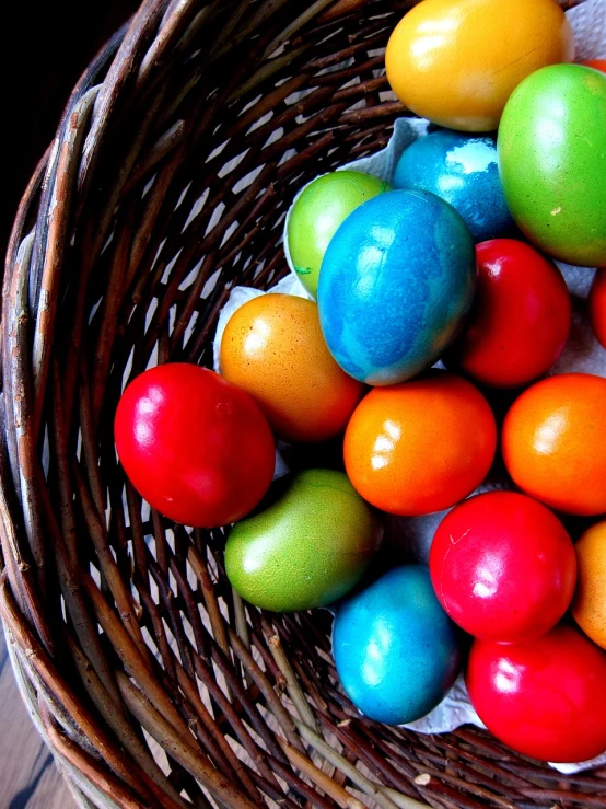 a basket filled with lots of different colored eggs, by Aleksander Gierymski, flickr, bauhaus, eminem as a m & m candy, “berries, opening shot, wooden