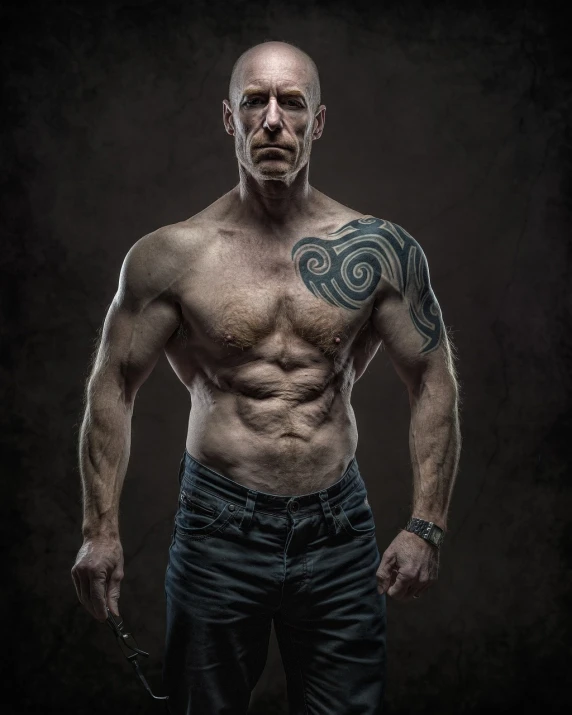 a shirtless man with a knife in his hand, a character portrait, scott adams, strongman, professional portrait photograph, wrinkles and muscles