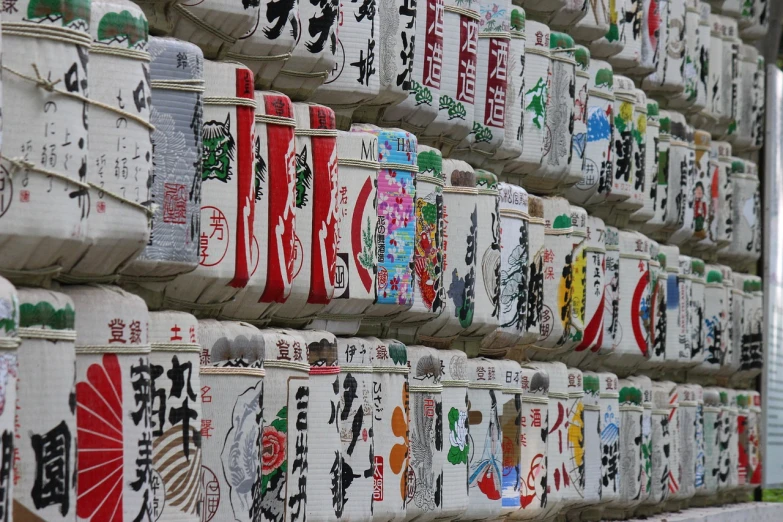 a wall of paper lanterns with asian writing on them, a picture, by Kanō Tan'yū, flickr, lots of jars and boxes of herbs, tochigi prefecture, pop japonisme 3 d ultra detailed, beautifully painted