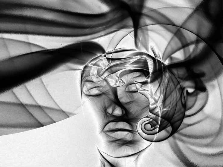 a black and white photo of a man's face, digital art, inspired by Anna Füssli, digital art, abstract fractal art, swirling, portrait of an android, alena aemani digital art