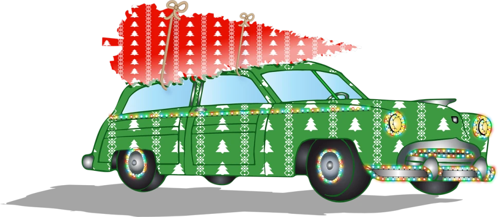 a green car with a christmas tree on top of it, concept art, pixabay, googie motifs, cut-away, koyaanisqatsi, redneck