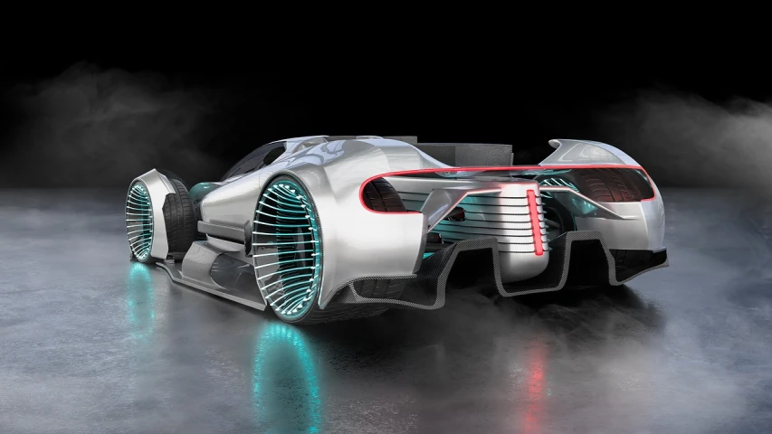a futuristic car sitting on top of a cement floor, trending on cg society, glowing - thin - wires, iridiscent rim light, racecar, futuristic product design