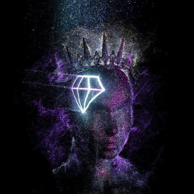 a woman with a crown on her head, digital art, dark neon colored universe, crown of giant diamonds, detailed photo of an album cover, official concept art