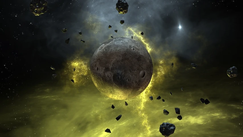 an artist's rendering of a planet surrounded by rocks, a digital rendering, flickr, space art, surreal black and yellow, meteors falling, floating in a nebula, solid object in a void