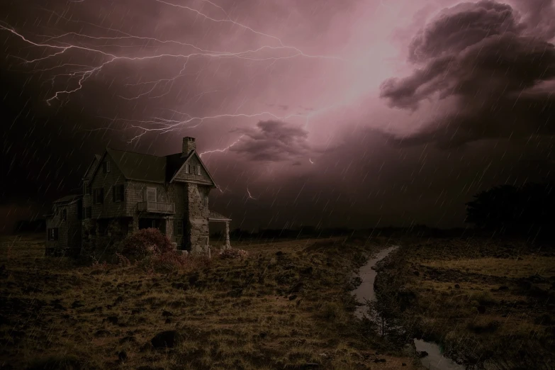 a house sitting in the middle of a field under a cloudy sky, a matte painting, by Maxwell Bates, shutterstock, dimmed lightning, atmosphere of bloody rain, harsh flash photo at night, twilight zone background