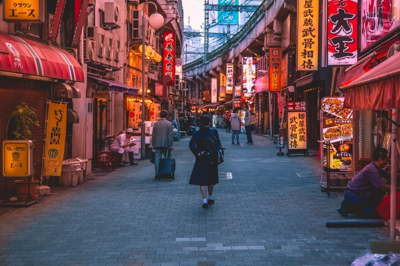 a person walking down a street lined with stores, inspired by Kanō Hōgai, unsplash contest winner, neon signs in background, prefecture streets, sparsely populated, chinese woman
