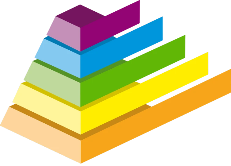 a rainbow colored pyramid on a black background, a diagram, pixabay, constructivism, isometric staircase, above side view, no gradients, stacked city