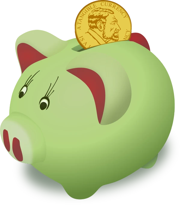 a piggy bank with a coin sticking out of it, by Ivan Mrkvička, wikihow illustration, low res, full color illustration, greenish tinge