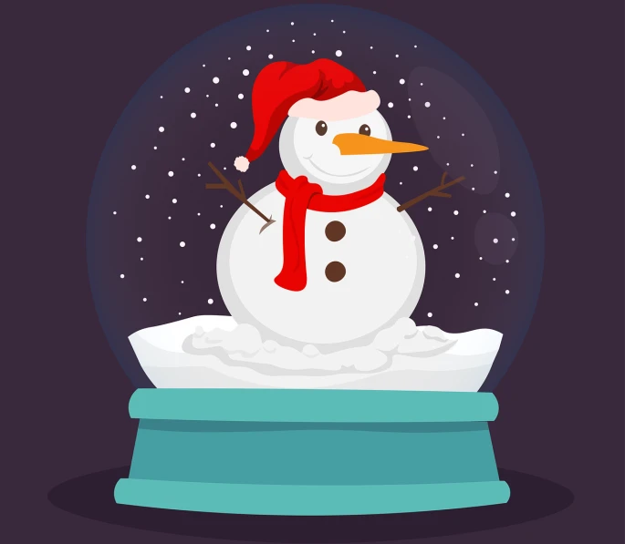 a snow globe with a snowman inside of it, vector art, figuration libre, flat design, on a dark background, cartoon style illustration, brittney lee