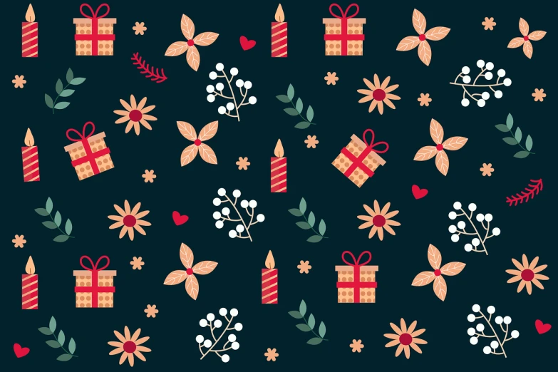 a pattern of gifts and flowers on a black background, vector art, inspired by Lubin Baugin, background image, flat lay, christmas, cute details