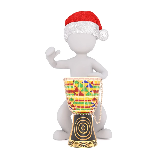 a person in a santa hat playing a djembe, a stock photo, by Elaine Hamilton, shutterstock, octanerender 3 d, childrens toy, silver, handmade