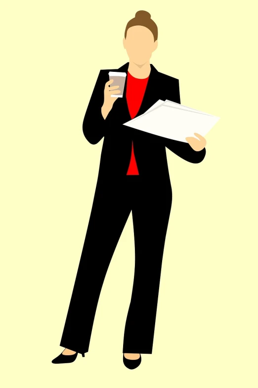 a man in a suit holding a cell phone and a piece of paper, a cartoon, pixabay, minimalism, young business woman, wearing a black and red suit, holding a drink, standing posture