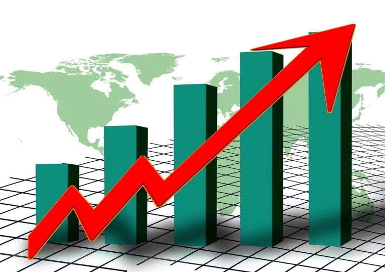 a graph bar chart with a world map in the background, by Rhea Carmi, trending on pixabay, incoherents, curved red arrow, a green, three day growth, upward perspective