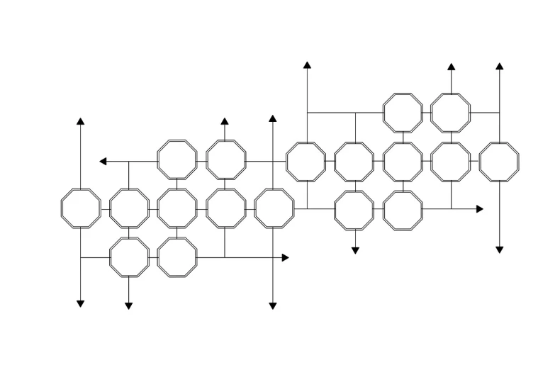 a black and white drawing of a hexagonal structure, a diagram, reddit, large chain, horizontal orientation, large array, large path
