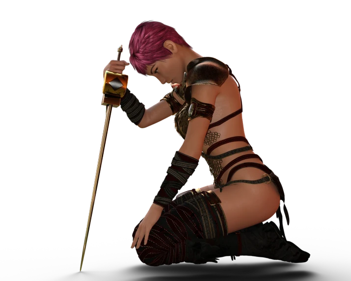 a woman with pink hair holding a sword, inspired by Master of the Legend of Saint Lucy, trending on cg society, renaissance, seductive seated pose, in game capture 3d render, knight drinks beer, dead or alive 6