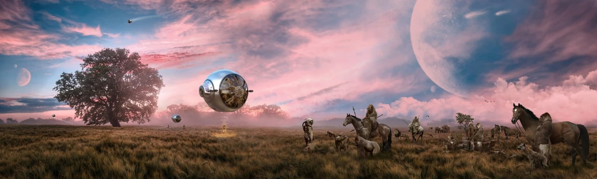a herd of horses standing on top of a lush green field, a detailed matte painting, by Artur Tarnowski, afrofuturism, steampunk hot air balloon, big pink sphere high in the sky, of a family leaving a spaceship, realistic photography paleoart