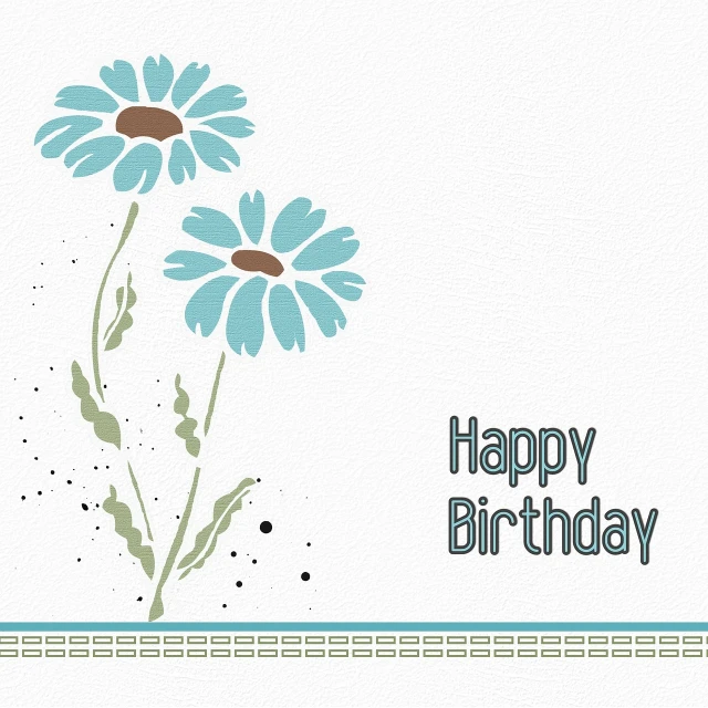 a happy birthday card with daisies on a white background, vector art, art nouveau, white and teal metallic accents, july 2 0 1 1, smeared flowers, side view