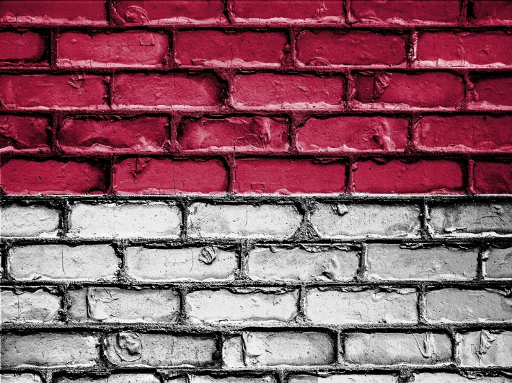 a black and white and red brick wall, by Luis Molinari, shutterstock, indonesia, poland flag, from egypt, pink and red colors