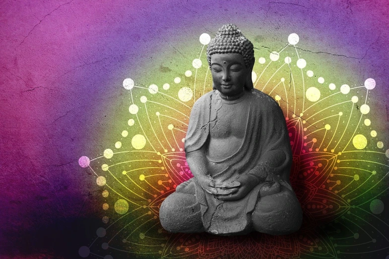 a black and white photo of a buddha statue, a picture, trending on pixabay, psychedelic art, colorized background, purple aura, sitting cross-legged, karma sutra