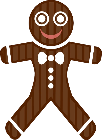 a smiling gingerbread man with a bow tie, sōsaku hanga, stripes, single silhouette figure, full body;, savory