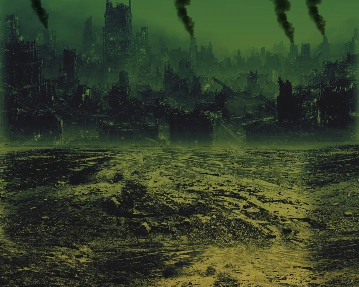 a city with a lot of smoke coming out of it, a matte painting, inspired by Paul Lehr, shutterstock, green radioactive glow, desolate empty wasteland, city ruins background, flat wastelands