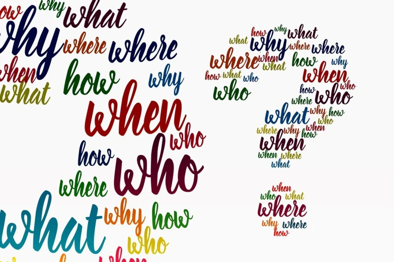 a map of the world made up of words, by Whitney Sherman, trending on pixabay, international typographic style, question marks, in white lettering, coloured, hey