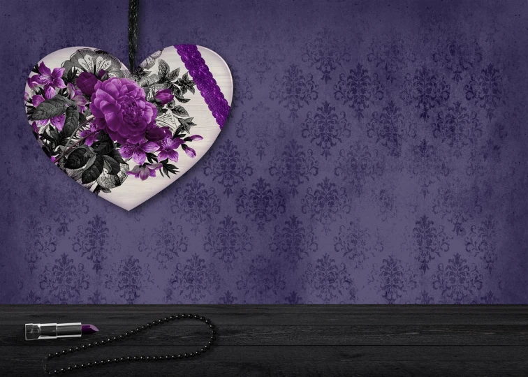 a purple and white heart hanging on a purple wall, a photo, inspired by Cindy Wright, trending on pixabay, romanticism, dark flower pattern wallpaper, 4 k hd wallpaper very detailed, gothic regal and tattered black, high quality desktop wallpaper