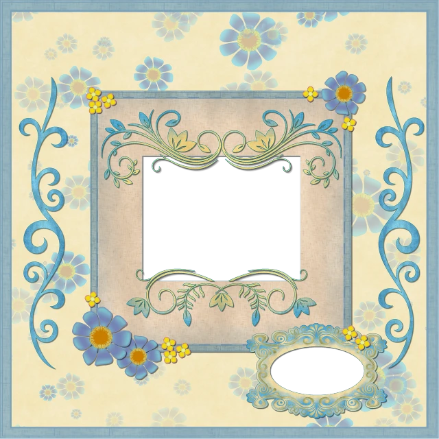 a picture frame with blue and yellow flowers, inspired by Cindy Wright, flickr, baroque, card template, black and blue scheme, soft outlines, with small object details