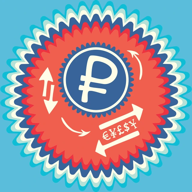 a blue and red sticker with a dollar sign on it, by György Rózsahegyi, symbolism, pitch bending, rosette, persian folkore illustration, endless loop