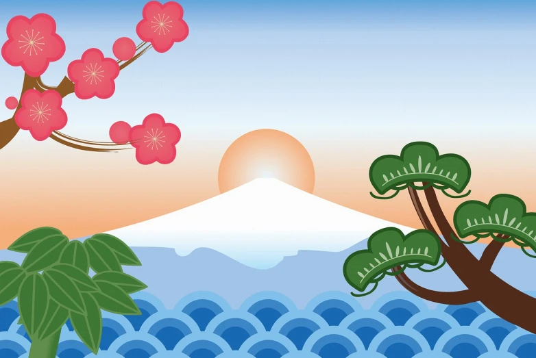 a view of a mountain with a tree in the foreground, a picture, inspired by Koson Ohara, ukiyo-e, beach sunset background, tropic plants and flowers, islands on horizon, at snowy fuji mountain sunrise