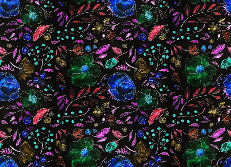 a pattern of colorful flowers and leaves on a black background, a digital painting, inspired by Emily Murray Paterson, process art, body covers with neon crystals, watercolor background, colored marble, repeating fabric pattern