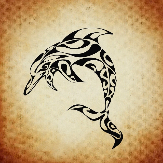 a black and white drawing of a dolphin, a tattoo, shutterstock, on old paper, tribal, simplistic, pyrography