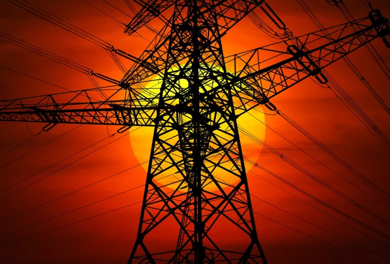 the sun is setting behind an electricity tower, a stock photo, by Kazimierz Wojniakowski, shutterstock, graphic illustration, very detailed photo, highly detailed photo, detailed zoom photo